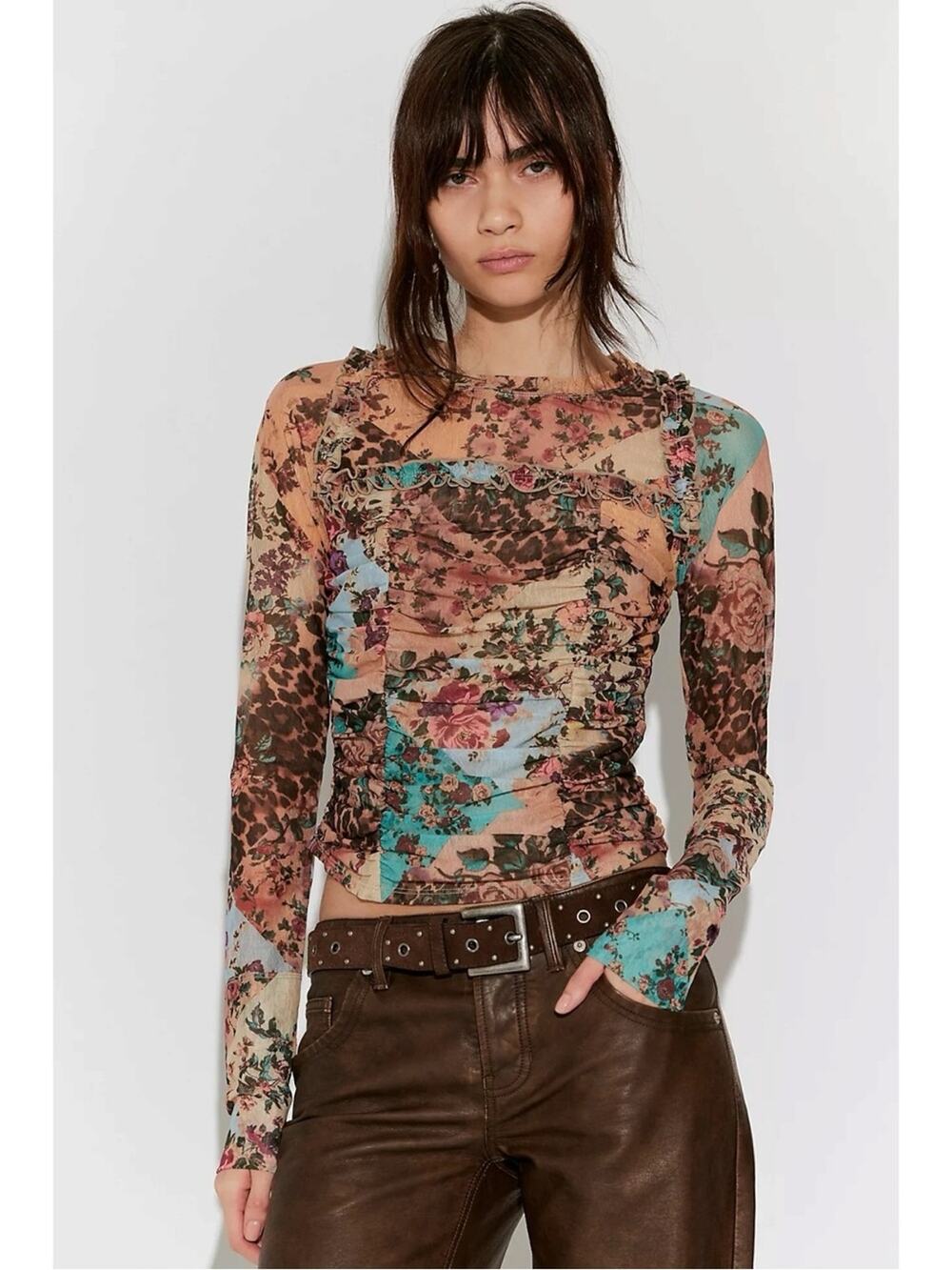 Free People Dainty Retro 90s Ariana Long Sleeve Ruched Top Taupe Combo Medium